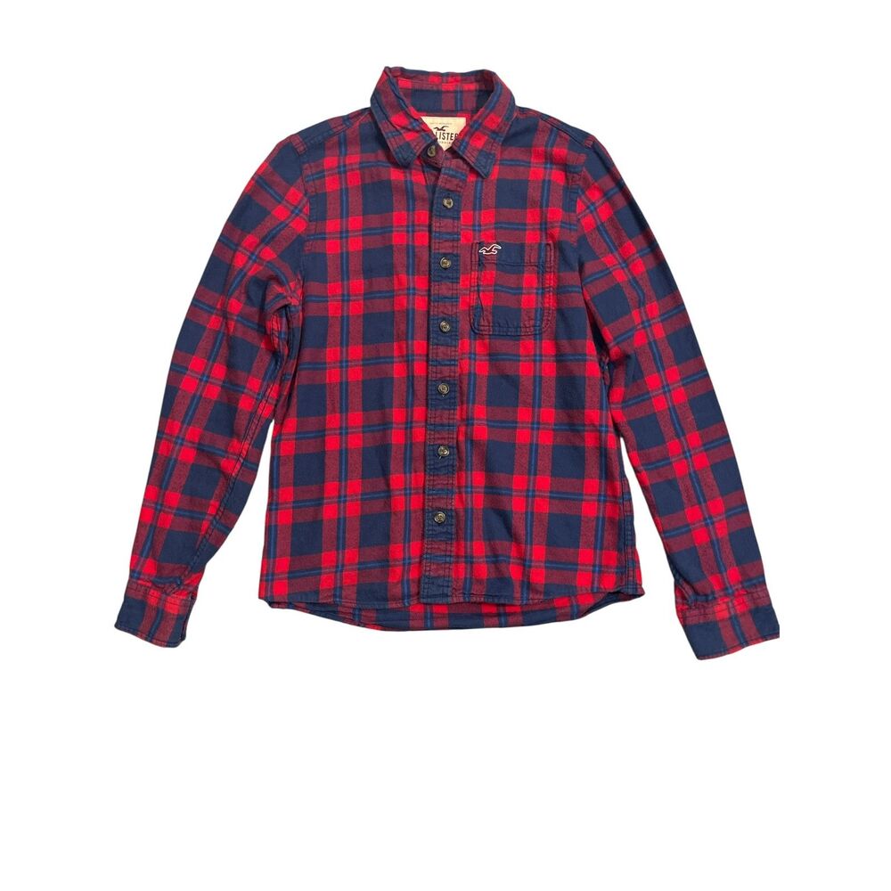 Hollister Red Blue Plaid Flannel Shirt Men Medium Button Front Pocket Casual